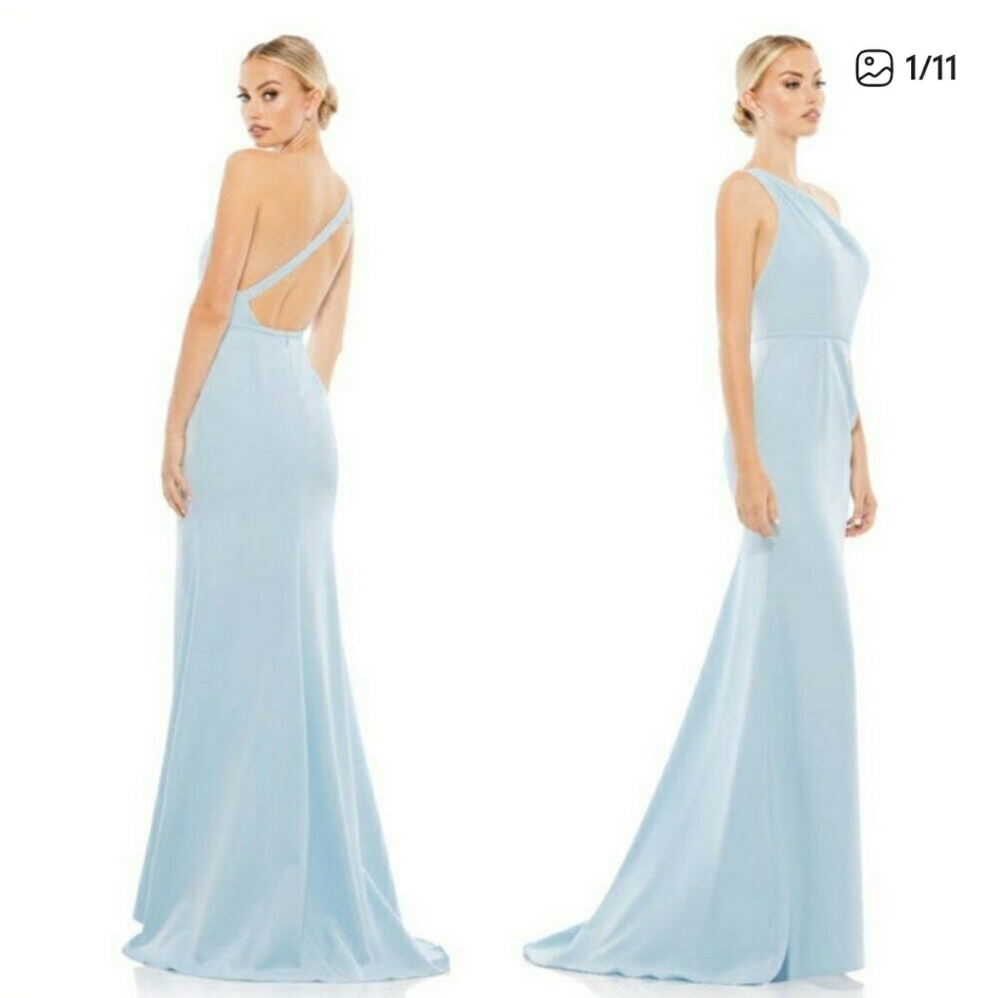 Ieena for Mac Duggal Powder Blue One Shoulder Jersey Mermaid Gown 0